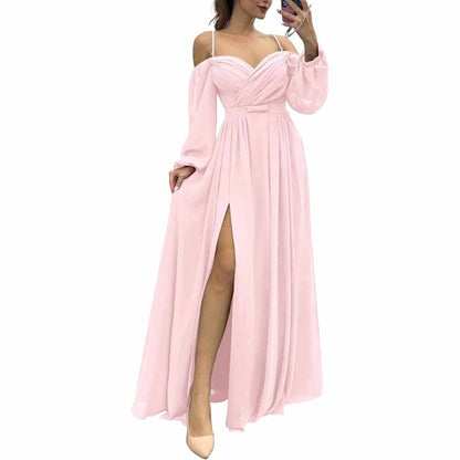Women's Bridesmaid Dresses Long Sleeves Spaghetti Strap Split Ruched Wedding Guest Dress