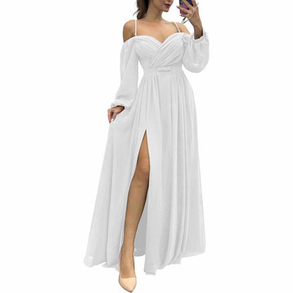 Women's Bridesmaid Dresses Long Sleeves Spaghetti Strap Split Ruched Wedding Guest Dress