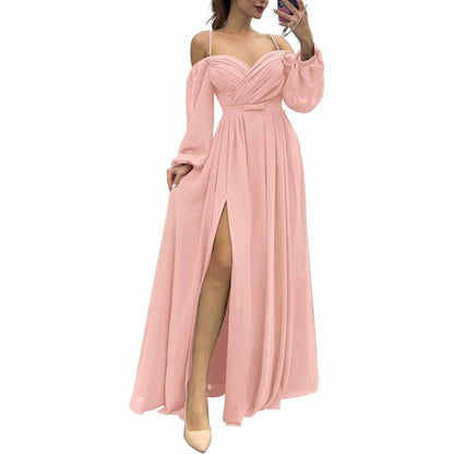 Women's Bridesmaid Dresses Long Sleeves Spaghetti Strap Split Ruched Wedding Guest Dress