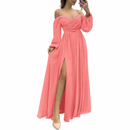 Women's Bridesmaid Dresses Long Sleeves Spaghetti Strap Split Ruched Wedding Guest Dress