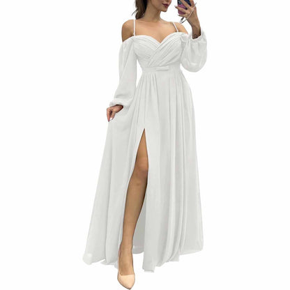 Women's Bridesmaid Dresses Long Sleeves Spaghetti Strap Split Ruched Wedding Guest Dress