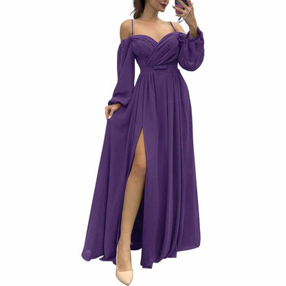 Women's Bridesmaid Dresses Long Sleeves Spaghetti Strap Split Ruched Wedding Guest Dress