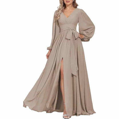 Long Chiffon Bridesmaid Dresses A Line V Neck Formal Wedding Guest Dress with Slit