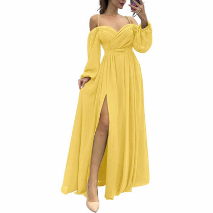 Women's Bridesmaid Dresses Long Sleeves Spaghetti Strap Split Ruched Wedding Guest Dress