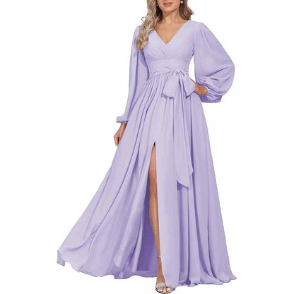 Long Chiffon Bridesmaid Dresses A Line V Neck Formal Wedding Guest Dress with Slit