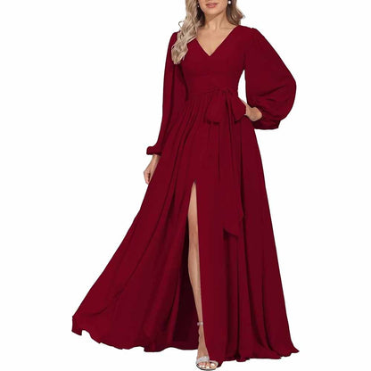 Long Chiffon Bridesmaid Dresses A Line V Neck Formal Wedding Guest Dress with Slit