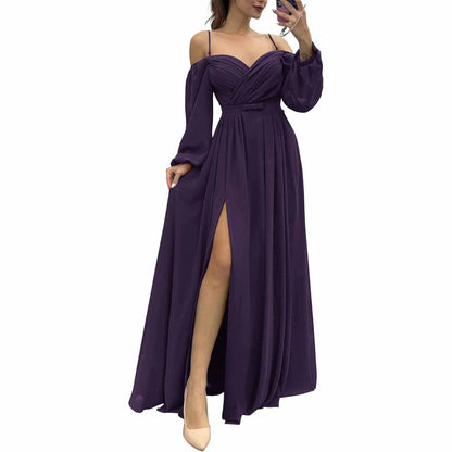 Women's Bridesmaid Dresses Long Sleeves Spaghetti Strap Split Ruched Wedding Guest Dress