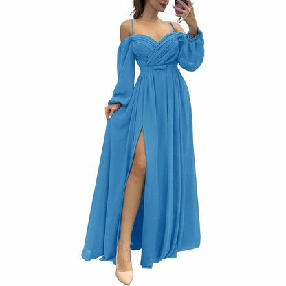 Women's Bridesmaid Dresses Long Sleeves Spaghetti Strap Split Ruched Wedding Guest Dress