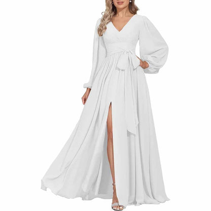 Long Chiffon Bridesmaid Dresses A Line V Neck Formal Wedding Guest Dress with Slit