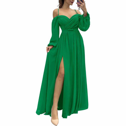 Women's Bridesmaid Dresses Long Sleeves Spaghetti Strap Split Ruched Wedding Guest Dress