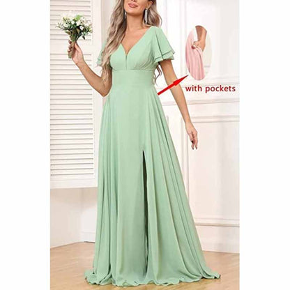 Chiffon Bridesmaid Dresses Long V Neck Formal Evening Gown with Slit