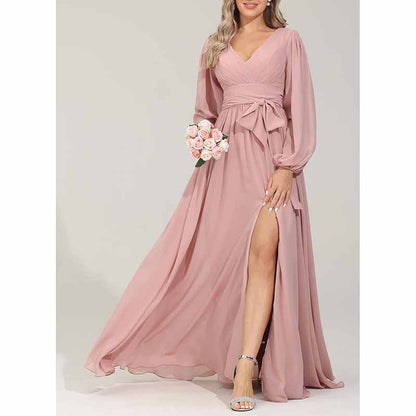Long Chiffon Bridesmaid Dresses A Line V Neck Formal Wedding Guest Dress with Slit