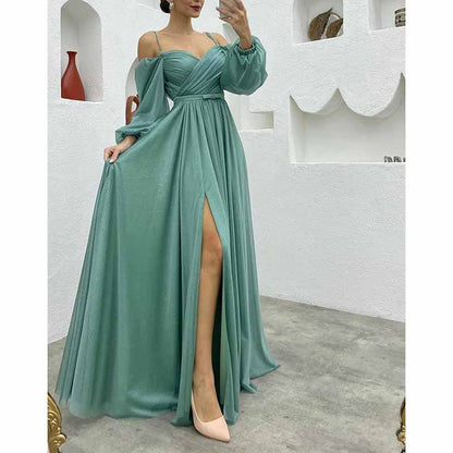 Women's Bridesmaid Dresses Long Sleeves Spaghetti Strap Split Ruched Wedding Guest Dress