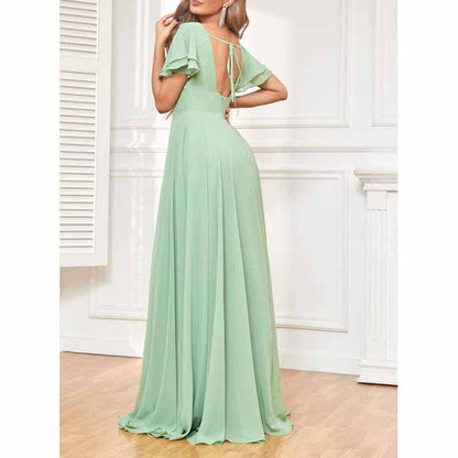Chiffon Bridesmaid Dresses Long V Neck Formal Evening Gown with Slit