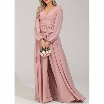 Long Chiffon Bridesmaid Dresses A Line V Neck Formal Wedding Guest Dress with Slit