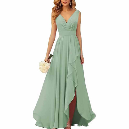 Chiffon Bridesmaid Dresses with Slit Ruffle Pleated Formal Prom Party Dress