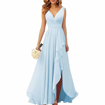 Chiffon Bridesmaid Dresses with Slit Ruffle Pleated Formal Prom Party Dress