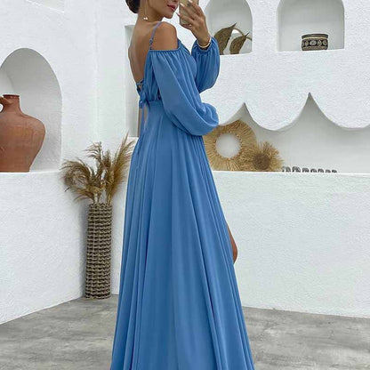 Women's Bridesmaid Dresses Long Sleeves Spaghetti Strap Split Ruched Wedding Guest Dress