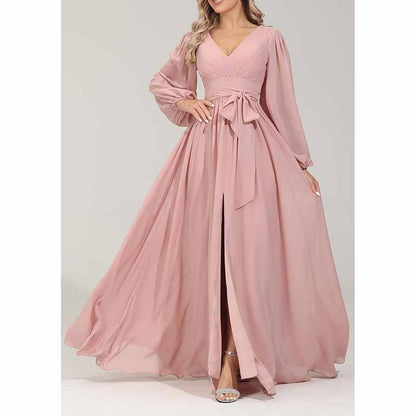 Long Chiffon Bridesmaid Dresses A Line V Neck Formal Wedding Guest Dress with Slit