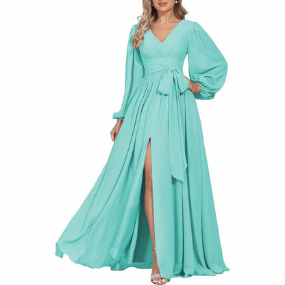 Long Chiffon Bridesmaid Dresses A Line V Neck Formal Wedding Guest Dress with Slit