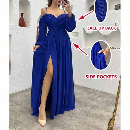 Women's Bridesmaid Dresses Long Sleeves Spaghetti Strap Split Ruched Wedding Guest Dress
