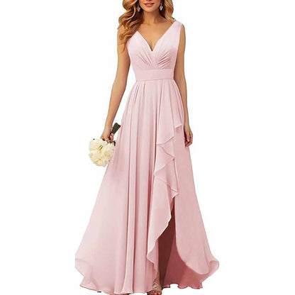 Chiffon Bridesmaid Dresses with Slit Ruffle Pleated Formal Prom Party Dress