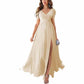 Chiffon Bridesmaid Dress Short Sleeves V Neck Formal Dres Wedding Guest Dress With Slipt