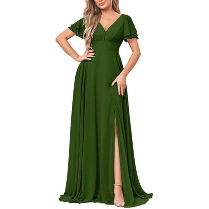 Chiffon Bridesmaid Dresses Long V Neck Formal Evening Gown with Slit