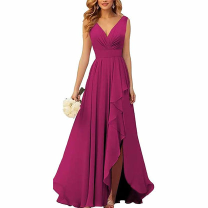 Chiffon Bridesmaid Dresses with Slit Ruffle Pleated Formal Prom Party Dress