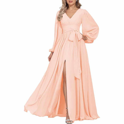 Long Chiffon Bridesmaid Dresses A Line V Neck Formal Wedding Guest Dress with Slit