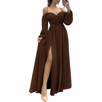 Women's Bridesmaid Dresses Long Sleeves Spaghetti Strap Split Ruched Wedding Guest Dress