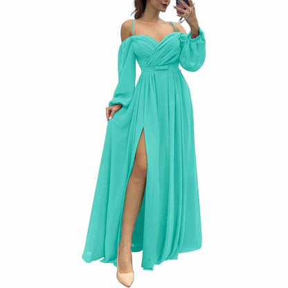 Women's Bridesmaid Dresses Long Sleeves Spaghetti Strap Split Ruched Wedding Guest Dress