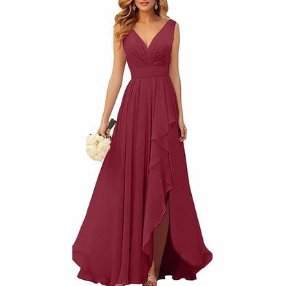 Chiffon Bridesmaid Dresses with Slit Ruffle Pleated Formal Prom Party Dress