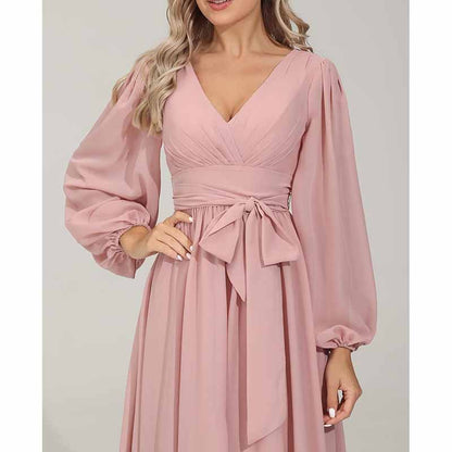 Long Chiffon Bridesmaid Dresses A Line V Neck Formal Wedding Guest Dress with Slit