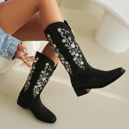 Floral Embroidered Tall Cowboy Boots - Women