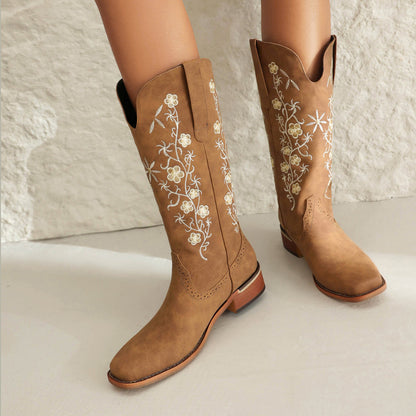 Floral Embroidered Tall Cowboy Boots - Women
