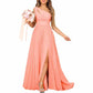 One Shoulder Bridesmaid Dresses Long A-line Pleated Chiffon Formal Dresses