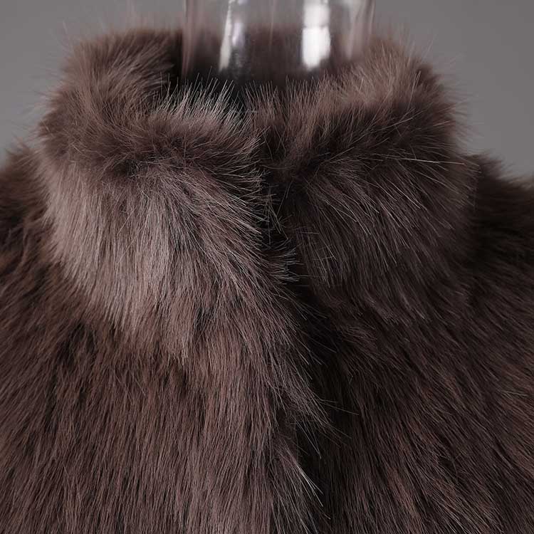 Close-up of a stylish brown faux fur short jacket with a soft collar texture