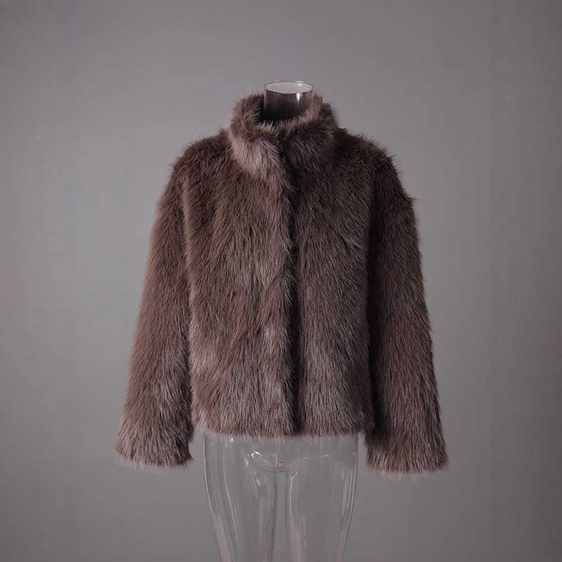 Brown faux fur short jacket with a plush texture for stylish winter warmth