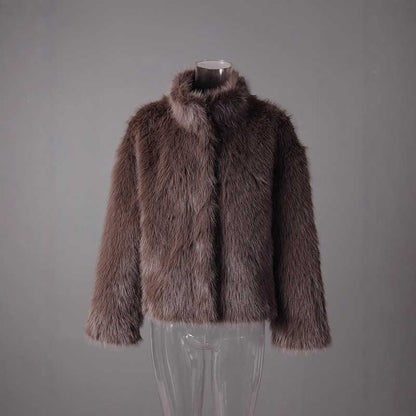Brown faux fur short jacket with a plush texture for stylish winter warmth