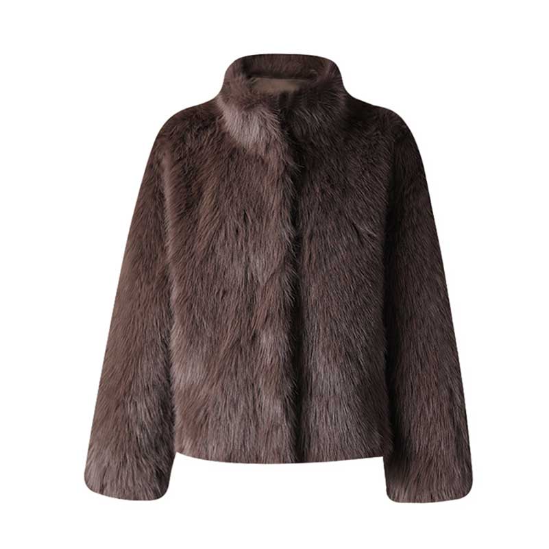 Stylish brown faux fur short jacket for a chic and cozy look in colder weather