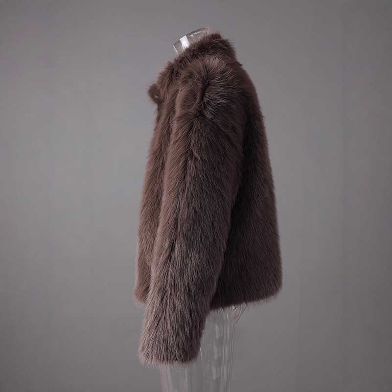 Brown faux fur short jacket with plush texture and stylish design for cozy wear