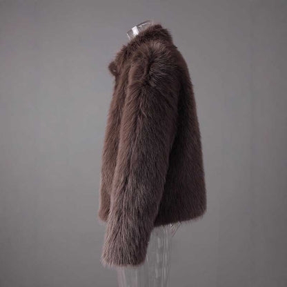 Brown faux fur short jacket with plush texture and stylish design for cozy wear