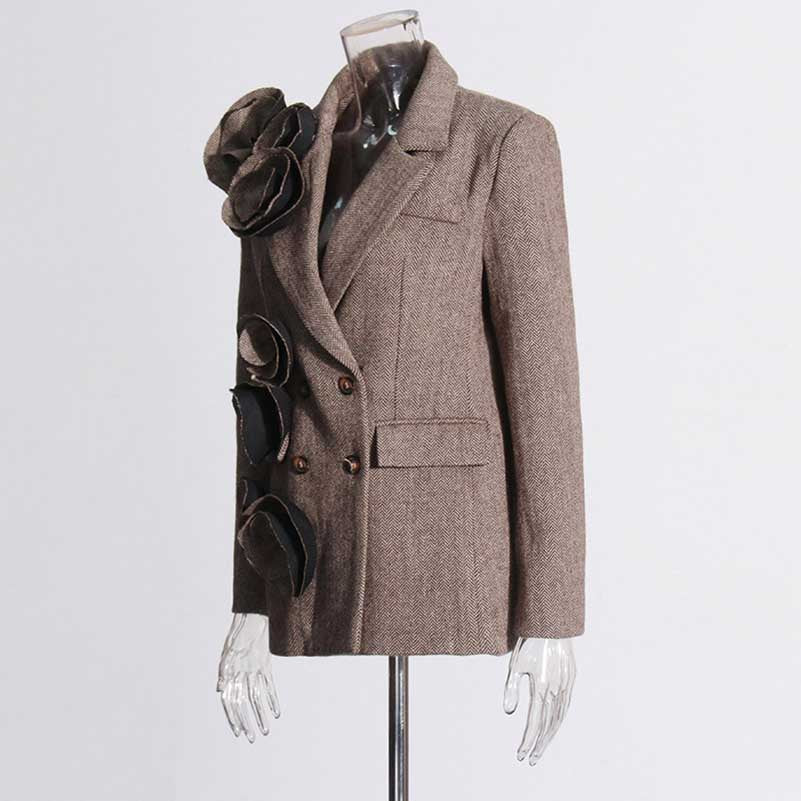 Retro 3D Rosette Embellished Lapel Collar Long Sleeve Blazer