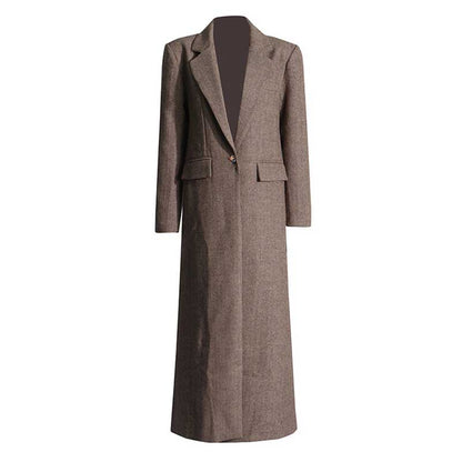 Women's Brown Straight Cut Maxi Coat with Wide Shoulders