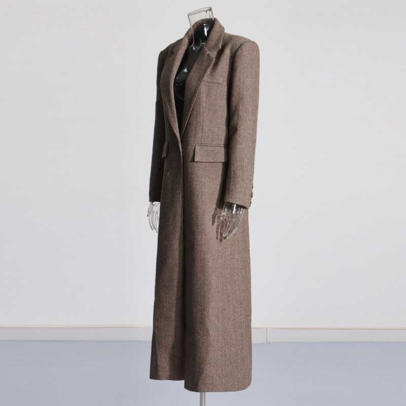 Women's Brown Straight Cut Maxi Coat with Wide Shoulders