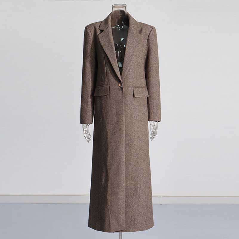 Women's Brown Straight Cut Maxi Coat with Wide Shoulders