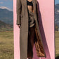 Women's Brown Straight Cut Maxi Coat with Wide Shoulders