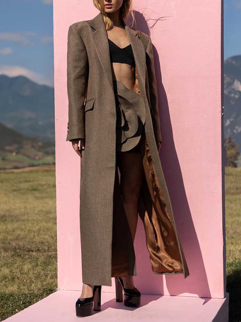 Women's Brown Straight Cut Maxi Coat with Wide Shoulders