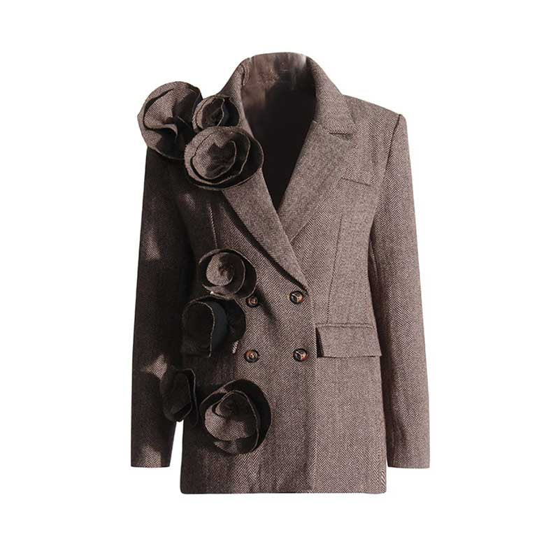 Retro 3D Rosette Embellished Lapel Collar Long Sleeve Blazer